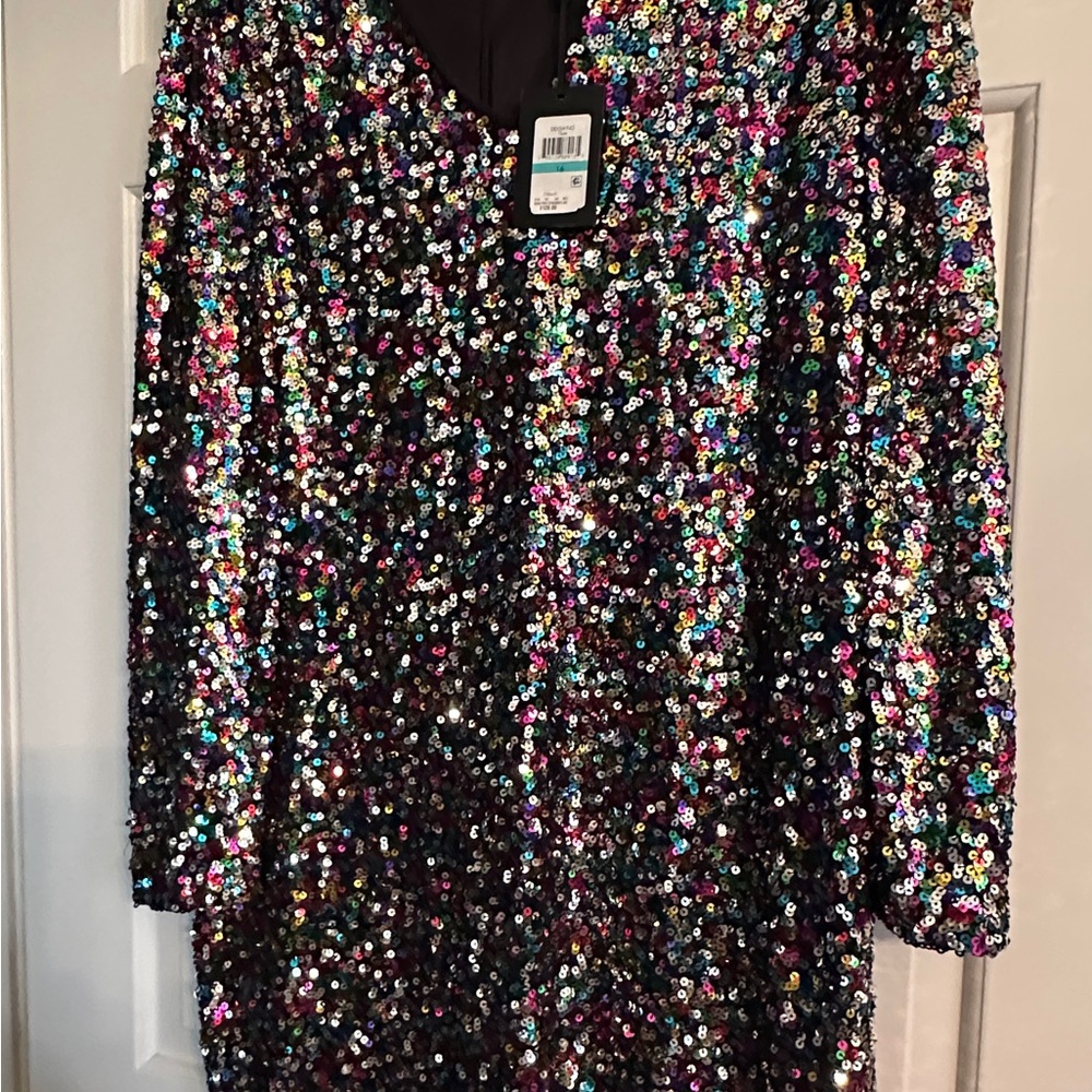 Party Time! DKNY Size 16 Multicolor Sequin Long Sleeve V-Neck Party Dress NWT